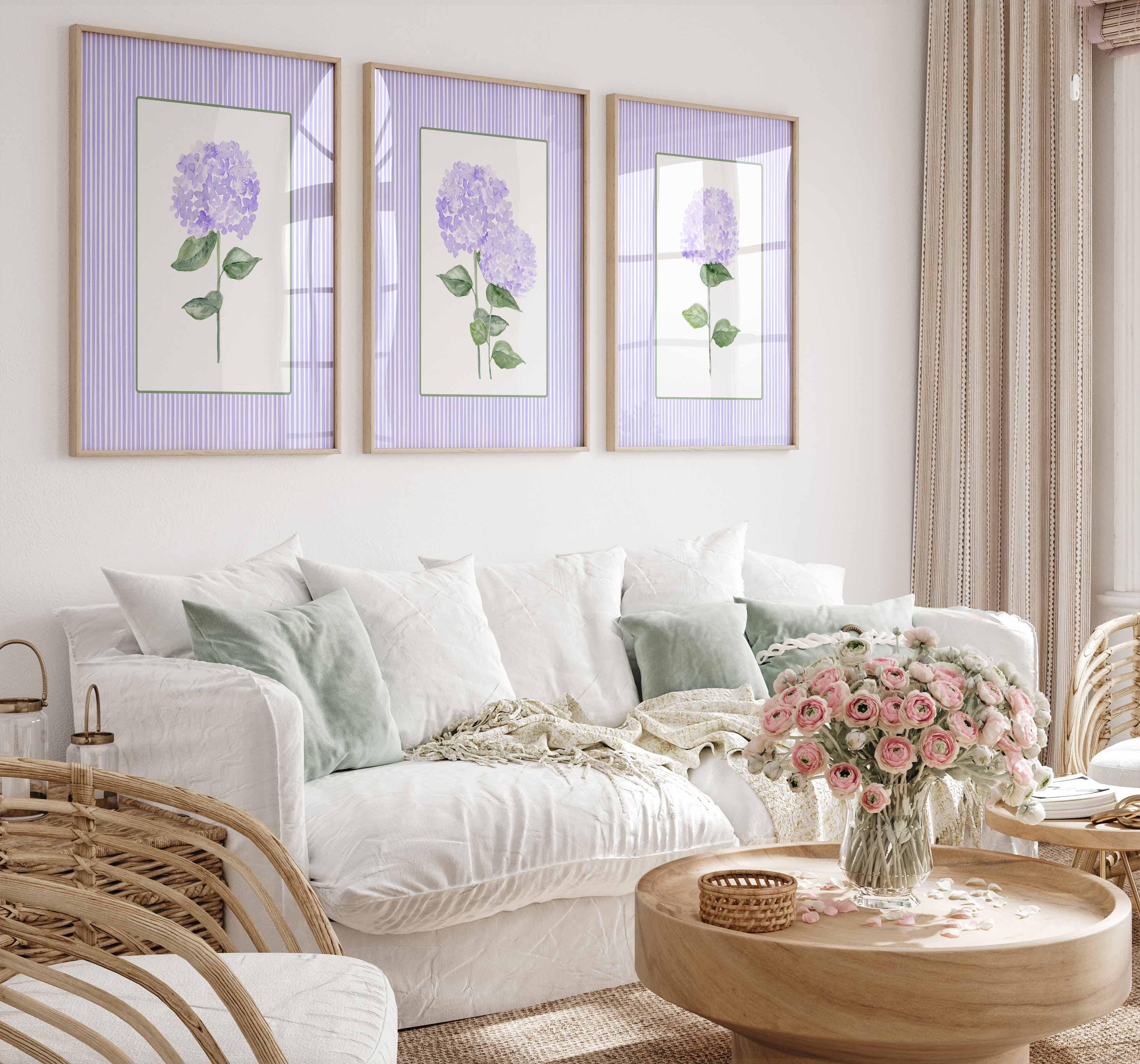 Purple Hydrangea Print, Set of 3 wall art, Stripes Coastal Decor, Trendy Grand millennial Art, Farmhouse Living room, Nursery flowers Poster