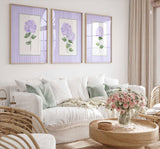 Purple Hydrangea Print, Set of 3 wall art, Stripes Coastal Decor, Trendy Grand millennial Art, Farmhouse Living room, Nursery flowers Poster