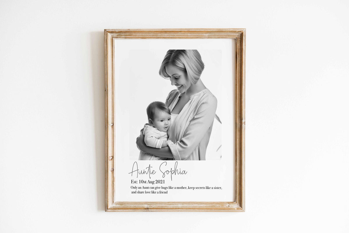 Black and white aunt and baby photo print with the name Auntie Sophia, in a rustic wooden frame on a wall
