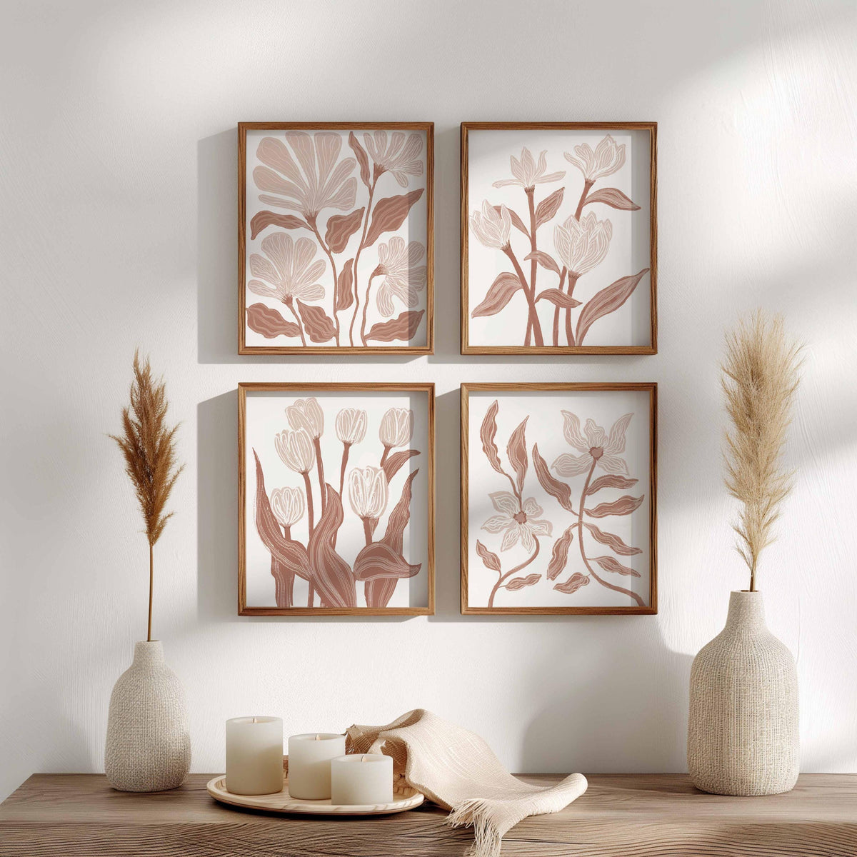 Brown floral Neutral Wall Art Prints Flower boho abstract set of 4 print cottagecore earth tone wall art aesthetics poster Farmhouse decor Main image
