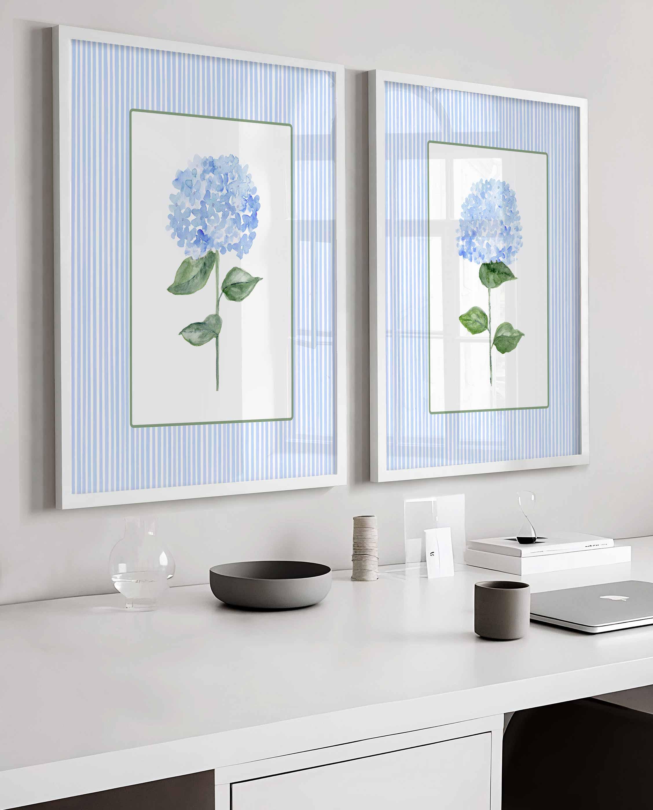 Hydrangea Watercolor, Art Print Set Of 2, Coastal decor, Grandmillennial Blue Floral poster, Bathroom prints Main image