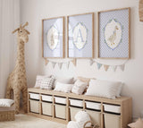 Rabbit and Goose, Gingham baby boy room Decor, Cute bunny Nursery Print Set of 3, Personalized name