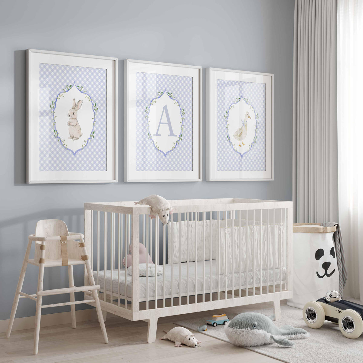Rabbit and Goose, Gingham baby boy room Decor, Cute bunny Nursery Print Set of 3, Personalized name Main image