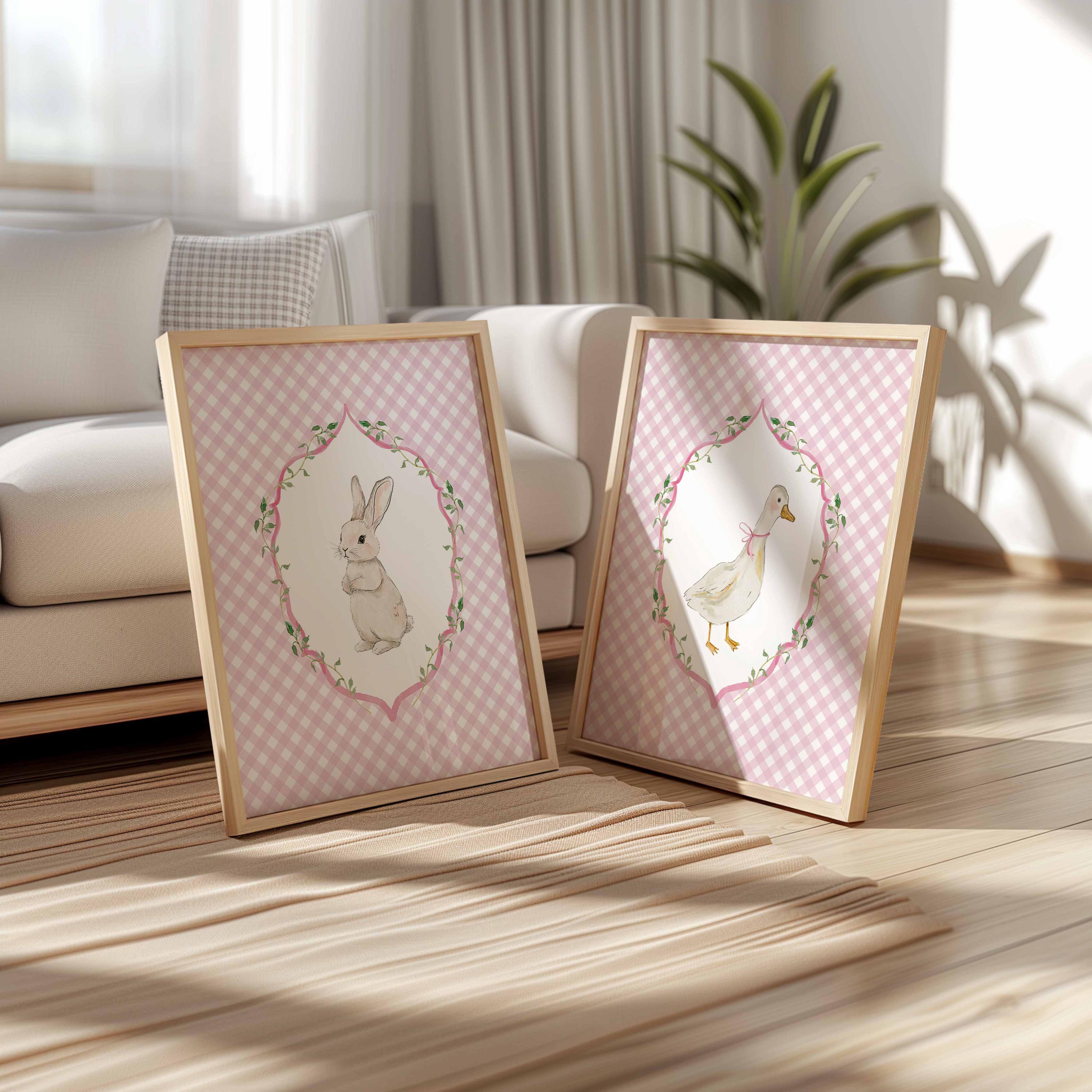 Silly Goose and Bunny, Girl Nursery Wall Art Set of 2, Pink Farmhouse Kid's Room Decor, Farm Animal Print, Vintage Rabbit Grand Millennial Imagen secundaria del producto