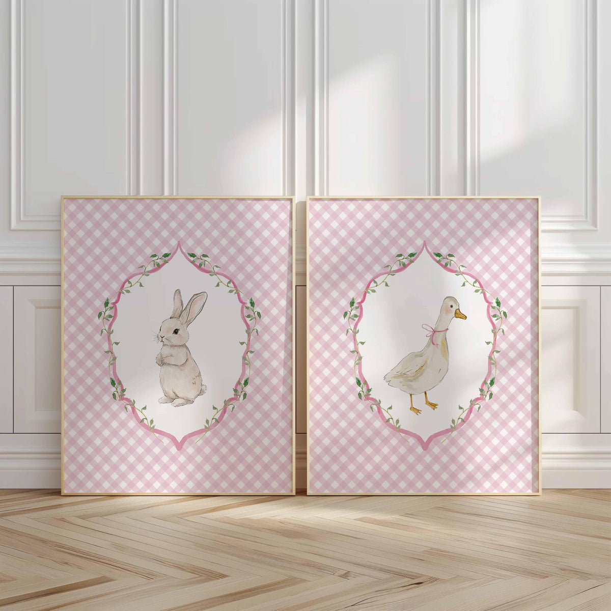 Silly Goose and Bunny, Girl Nursery Wall Art Set of 2, Pink Farmhouse Kid's Room Decor, Farm Animal Print, Vintage Rabbit Grand Millennial Main image