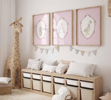 Rabbit and Goose, Pink Gingham baby girl room Decor, Cute bunny Nursery Print Set of 3, Personalized name wall art