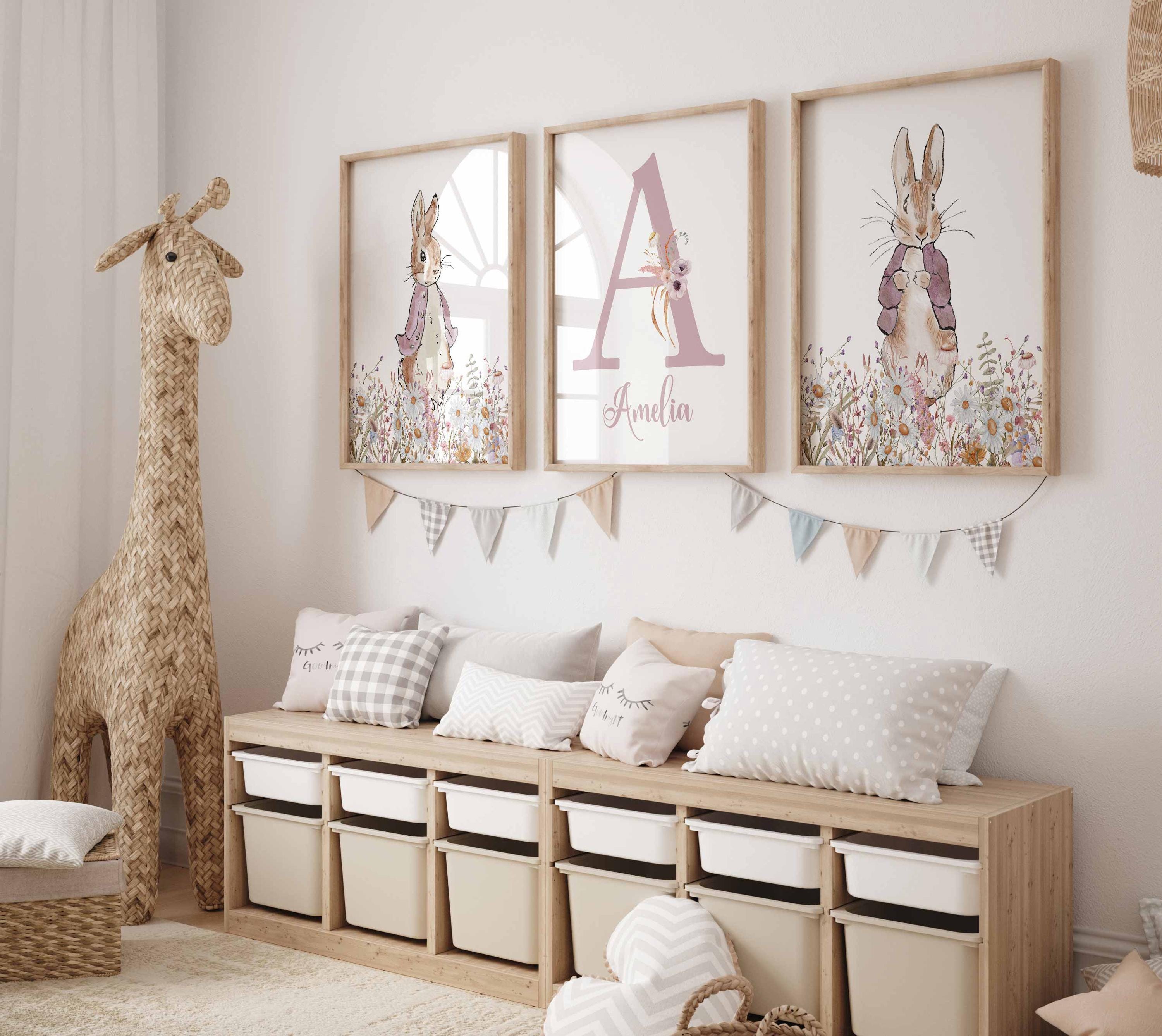 Cottagecore Nursery, Pink Rabbit Girl Room Decor, Vintage Bunny Nursery Wall Art Set, Floral Farm Prints Main image