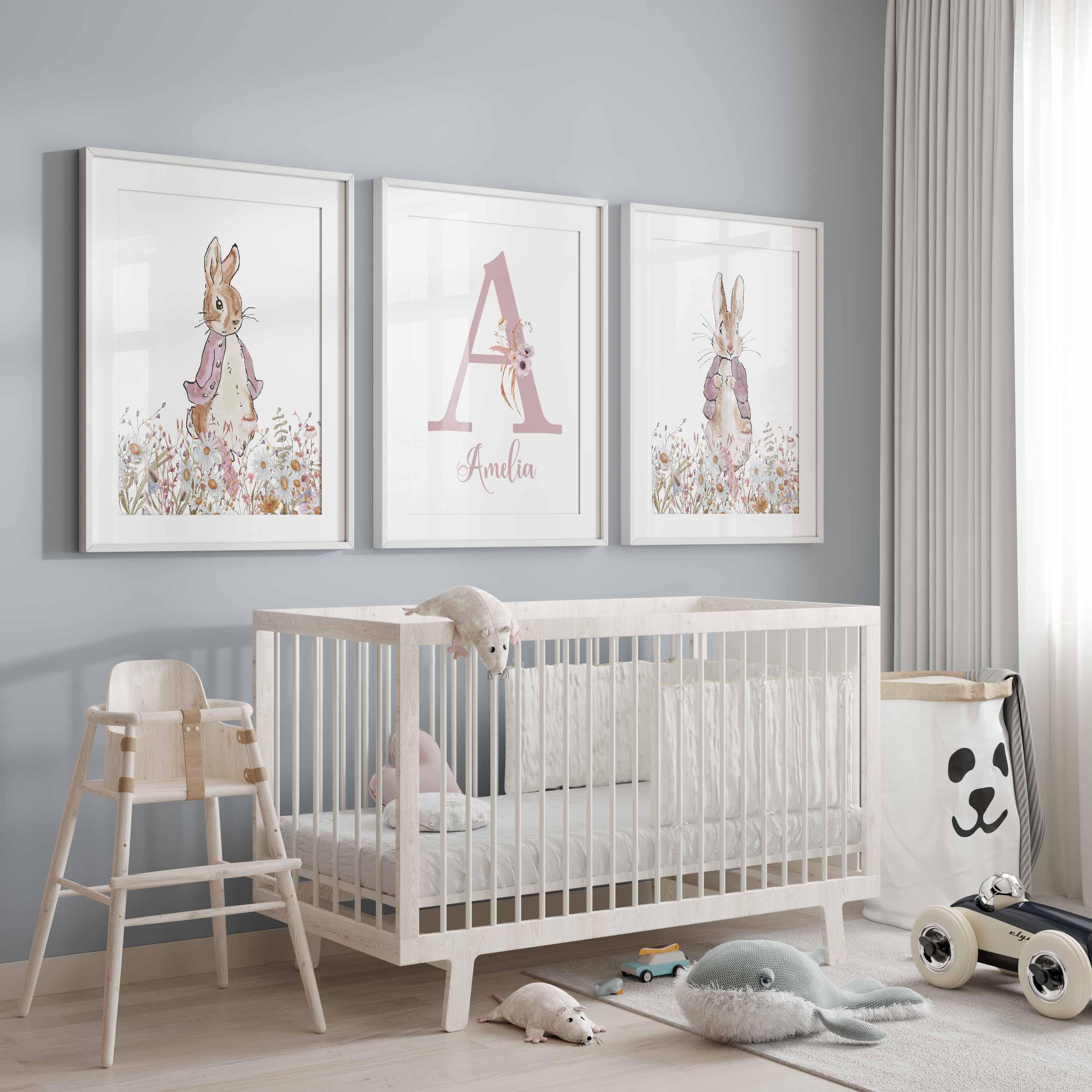Cottagecore Nursery, Pink Rabbit Girl Room Decor, Vintage Bunny Nursery Wall Art Set, Floral Farm Prints Imagen secundaria del producto