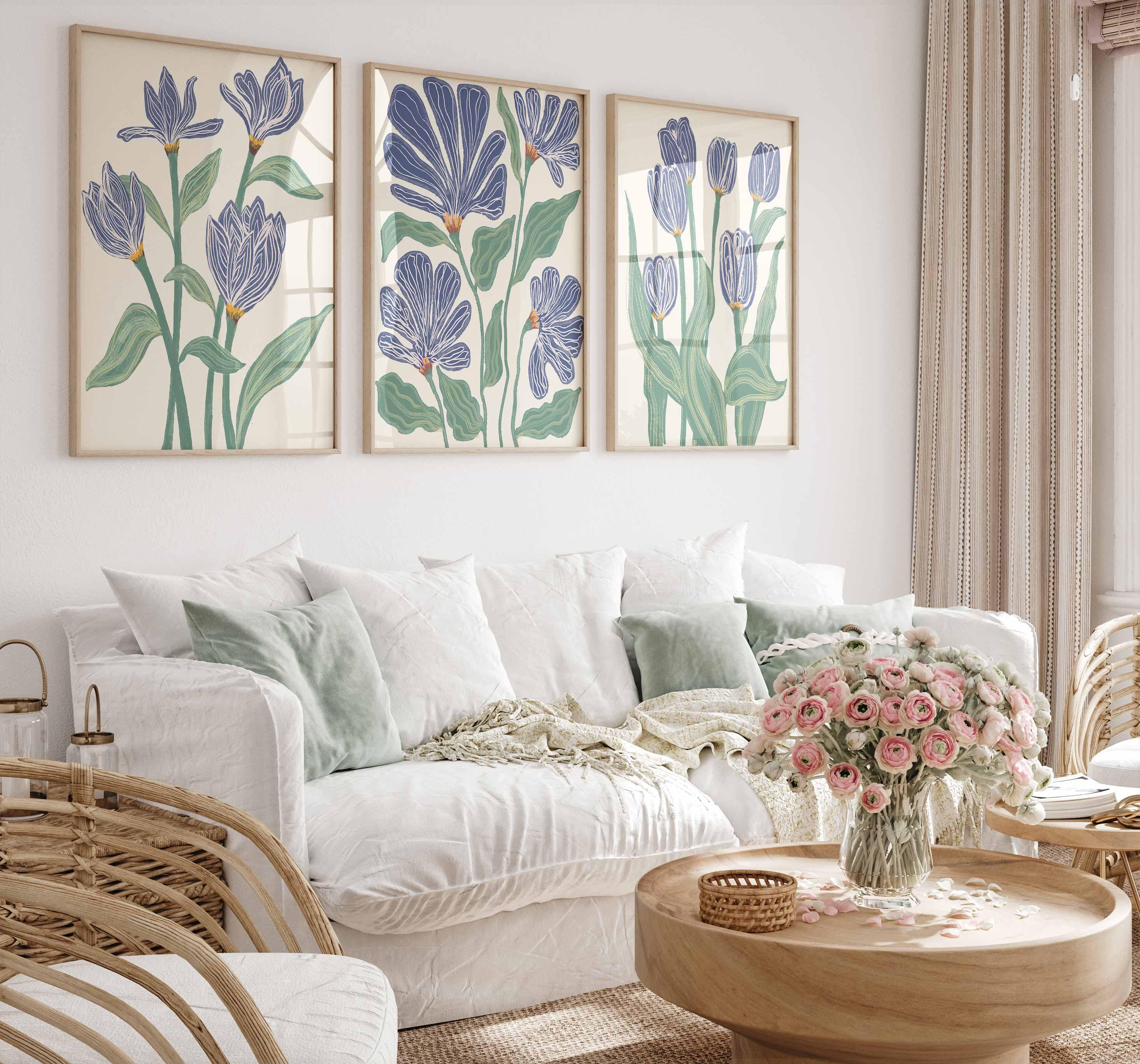 Neutral botanical Set of 3, Sage green and blue prints, Abstract Flowers, Modern Poster, Boho beige wall art, Indigo flowers artwork