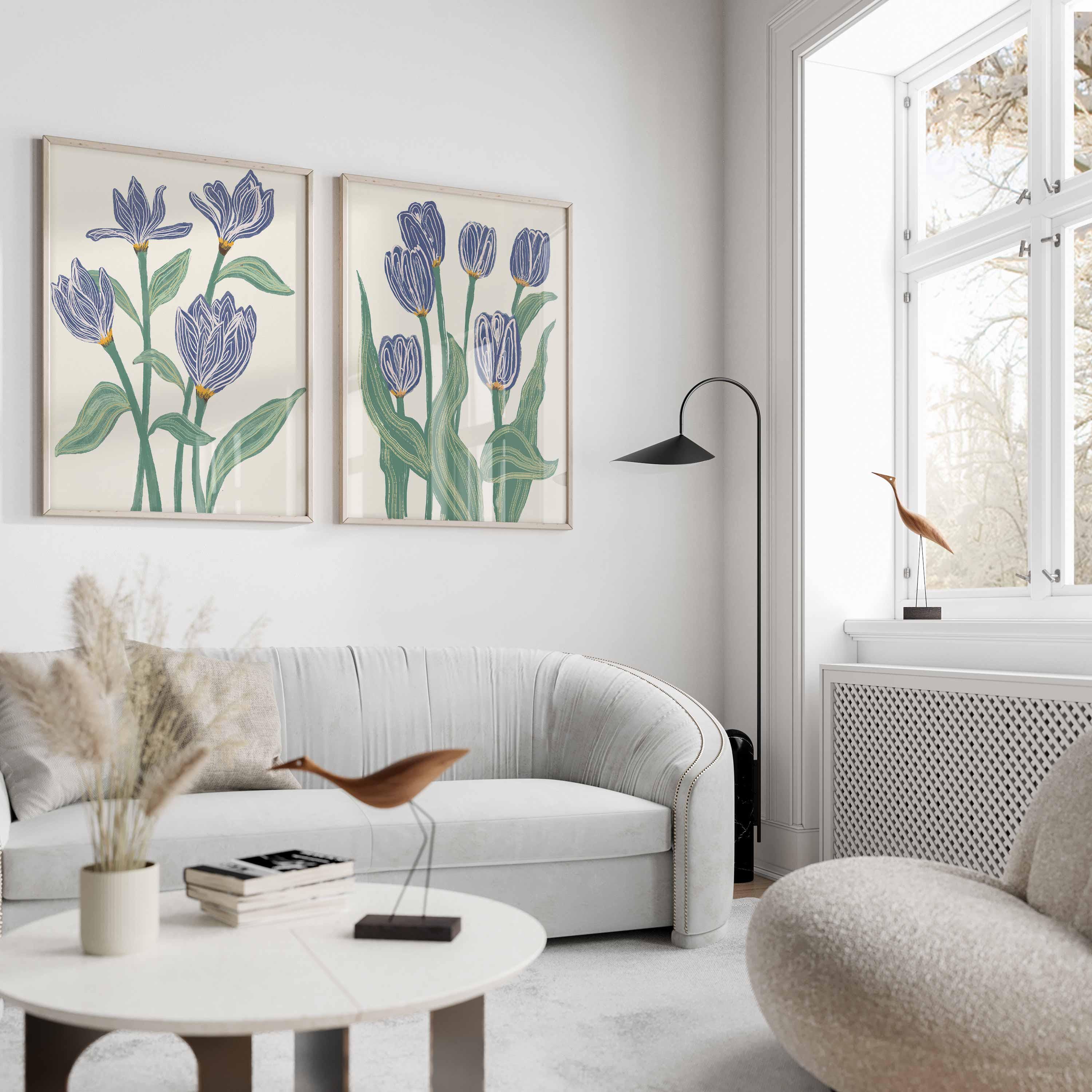 Floral Blue Wall Art, Botanical Flowers decor, Navy Green beige floral, Set of 2 Prints, Living room poster, Bedroom wall, bathroom Print