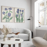 Floral Blue Wall Art, Botanical Flowers decor, Navy Green beige floral, Set of 2 Prints, Living room poster, Bedroom wall, bathroom Print