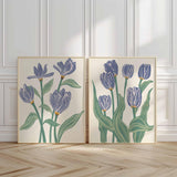 Floral Blue Wall Art, Botanical Flowers decor, Navy Green beige floral, Set of 2 Prints, Living room poster, Bedroom wall, bathroom Print