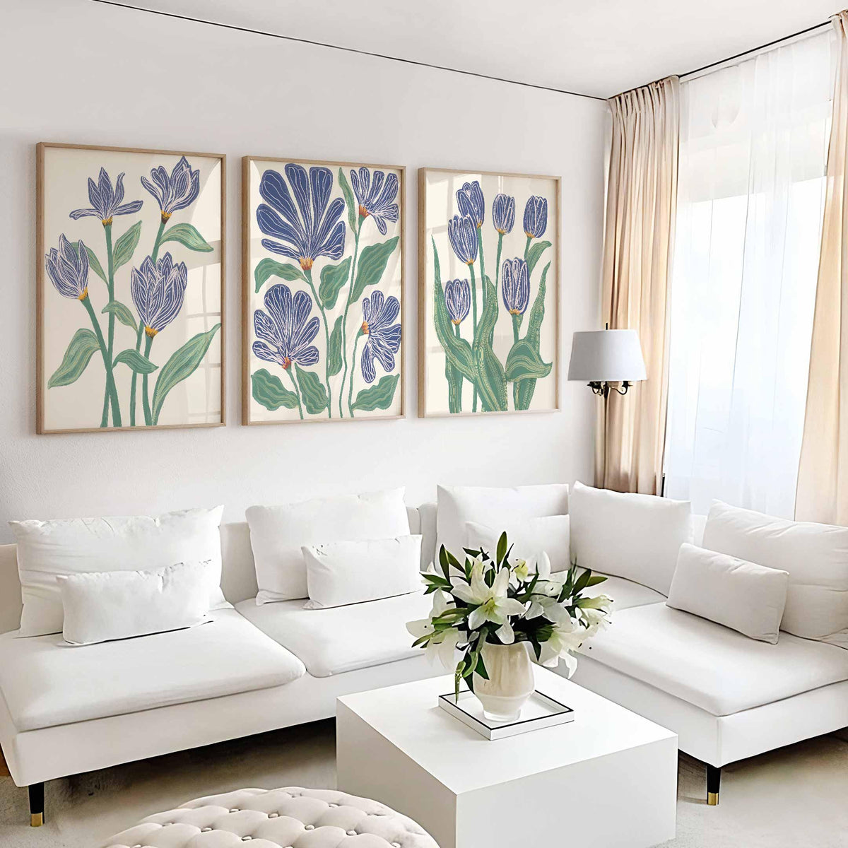 Set of 3 prints, Blue and green Floral wall art, botanical Bedroom Print, beige Living room Artwork, Navy Indigo bathroom Abstract Flower