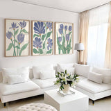Set of 3 prints, Blue and green Floral wall art, botanical Bedroom Print, beige Living room Artwork, Navy Indigo bathroom Abstract Flower