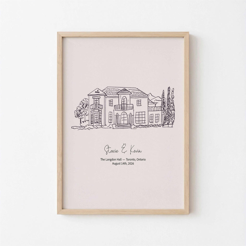Framed hand-drawn wedding venue illustration with the couple's names, venue and date as an anniversary gift