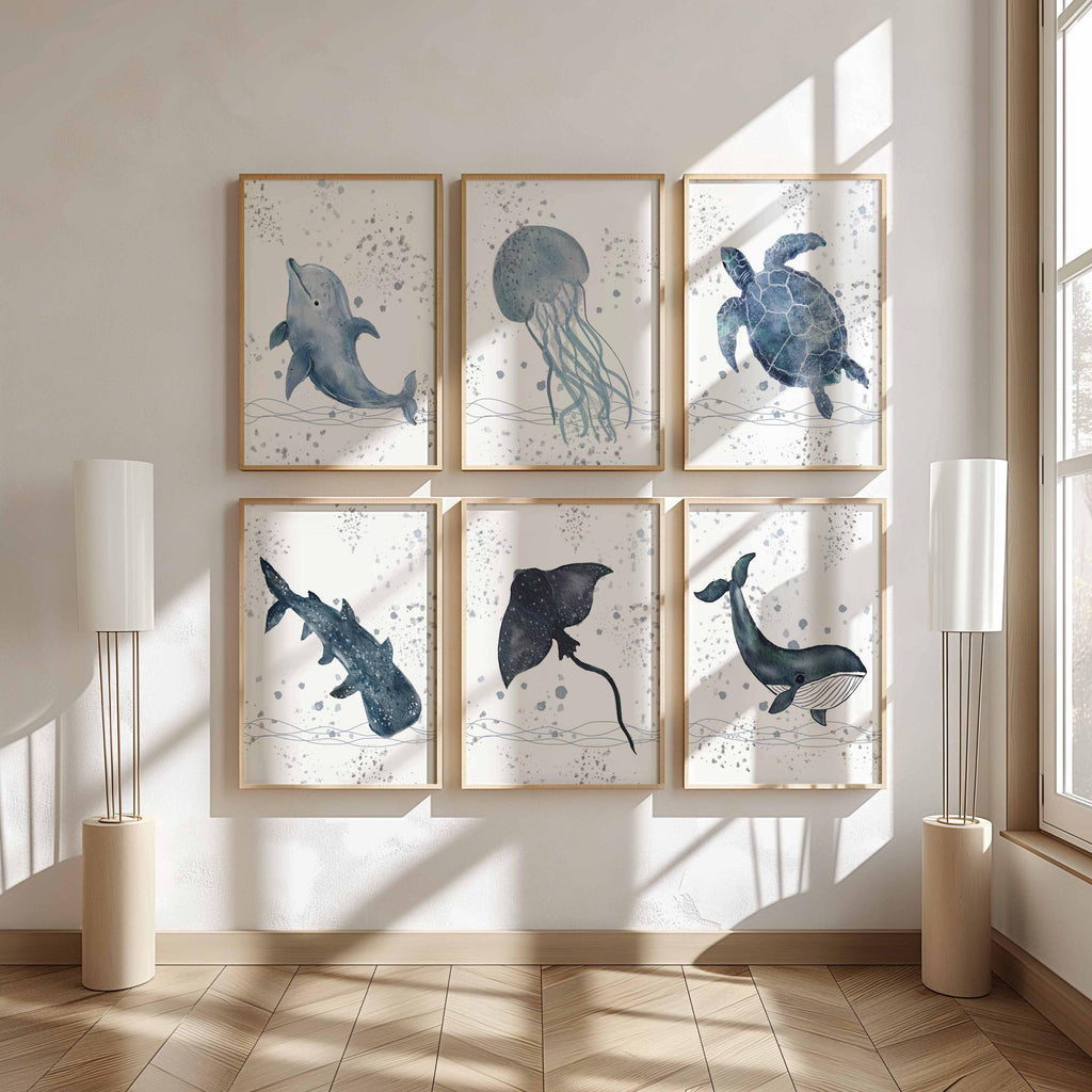 Watercolor Sea Animal Nursery Prints, Ocean Theme, Set of 6