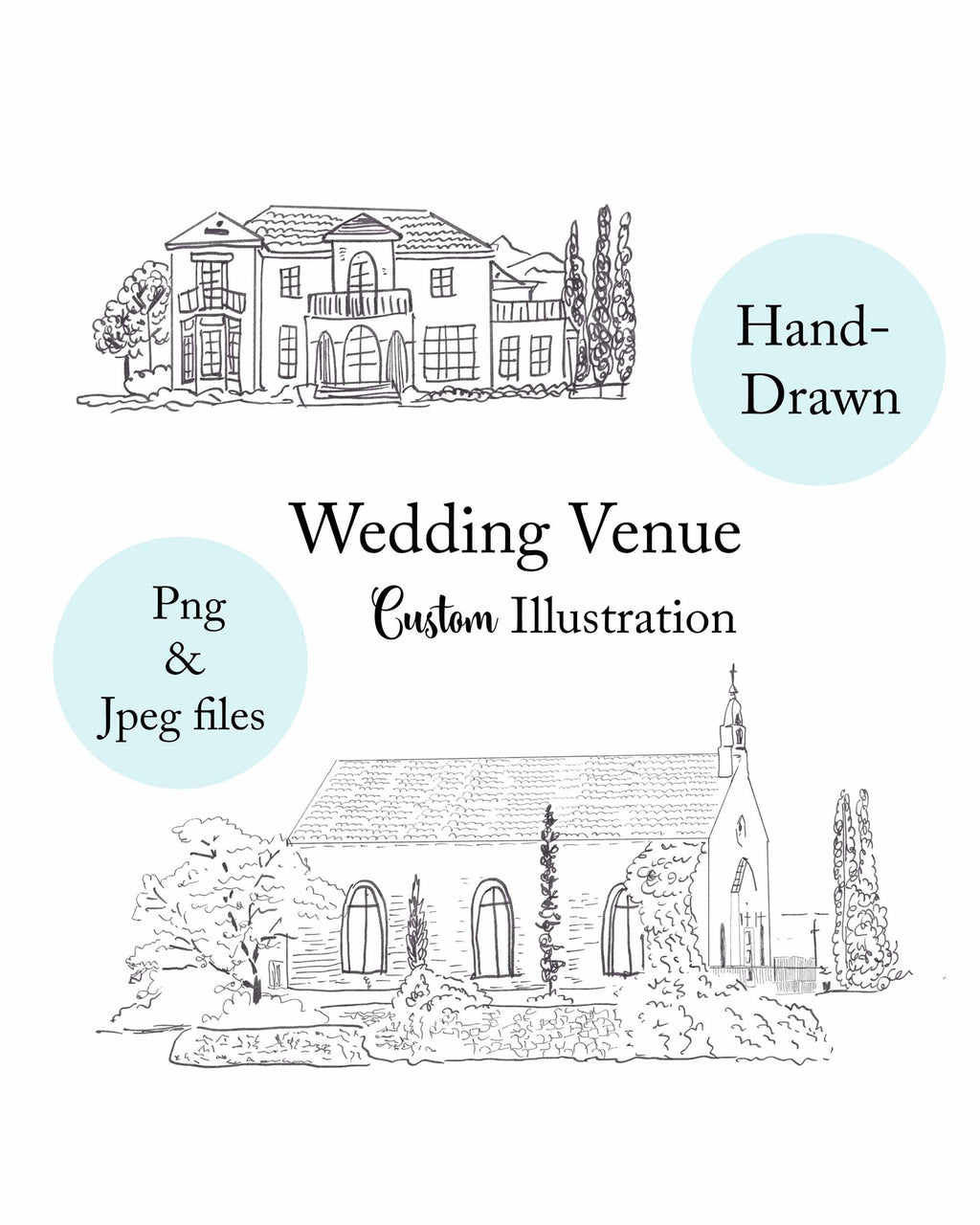 Two hand-drawn wedding venue sketches, a villa and a stone chapel, supplied as PNG and JPEG files