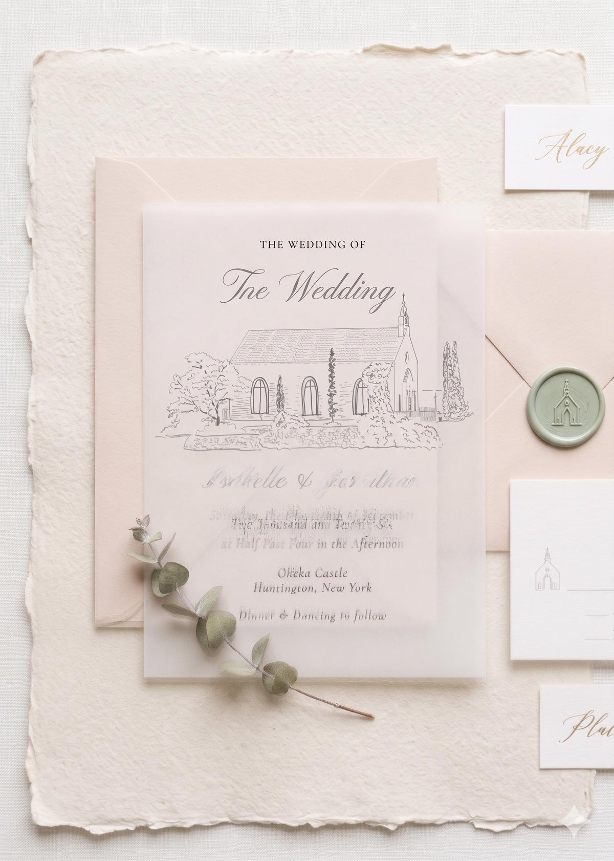Hand-drawn chapel venue sketch printed on a vellum wedding invitation with a sage wax seal