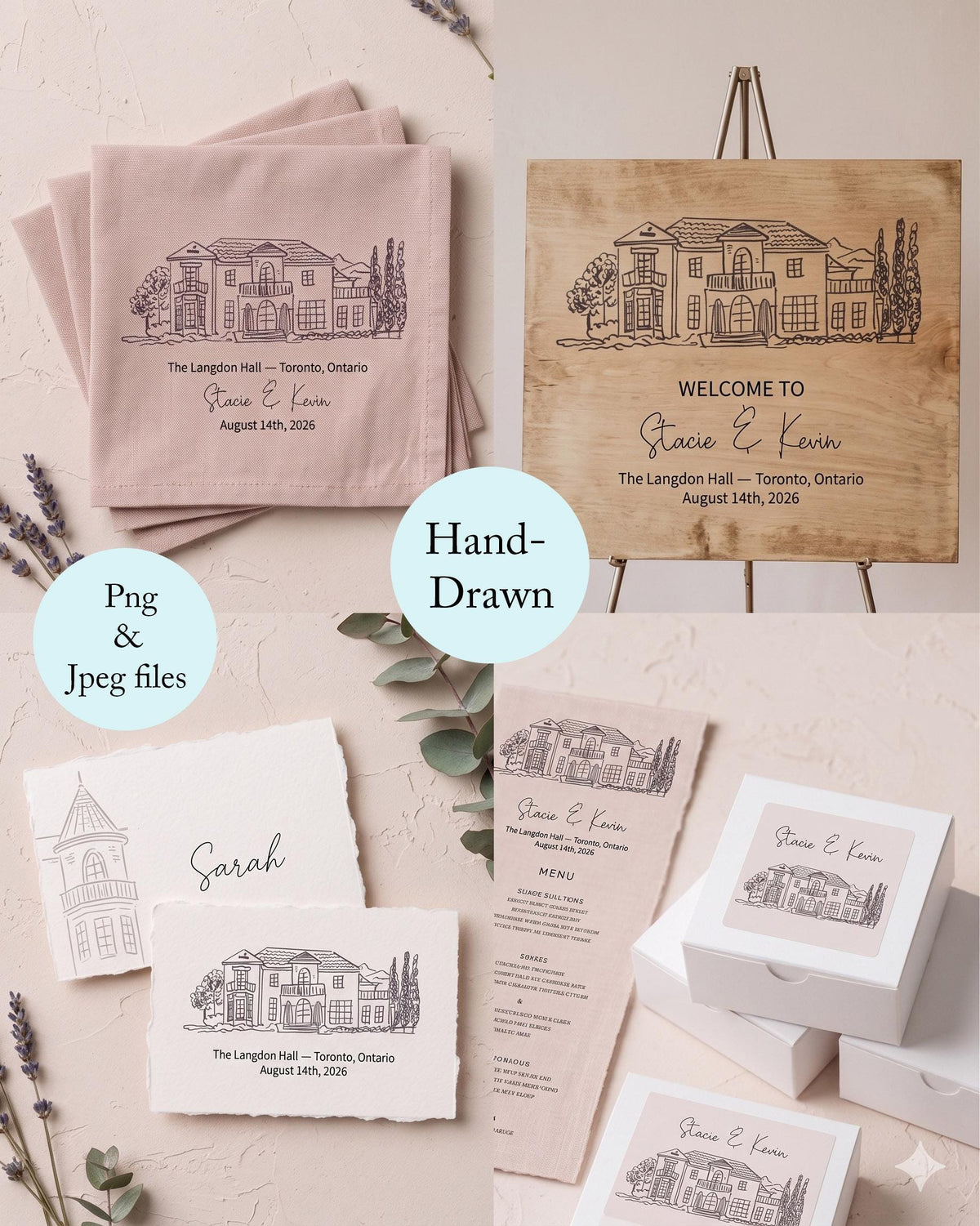 Wedding venue illustration used on napkins, a wooden welcome sign, place cards and a menu