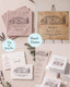 Wedding venue illustration used on napkins, a wooden welcome sign, place cards and a menu