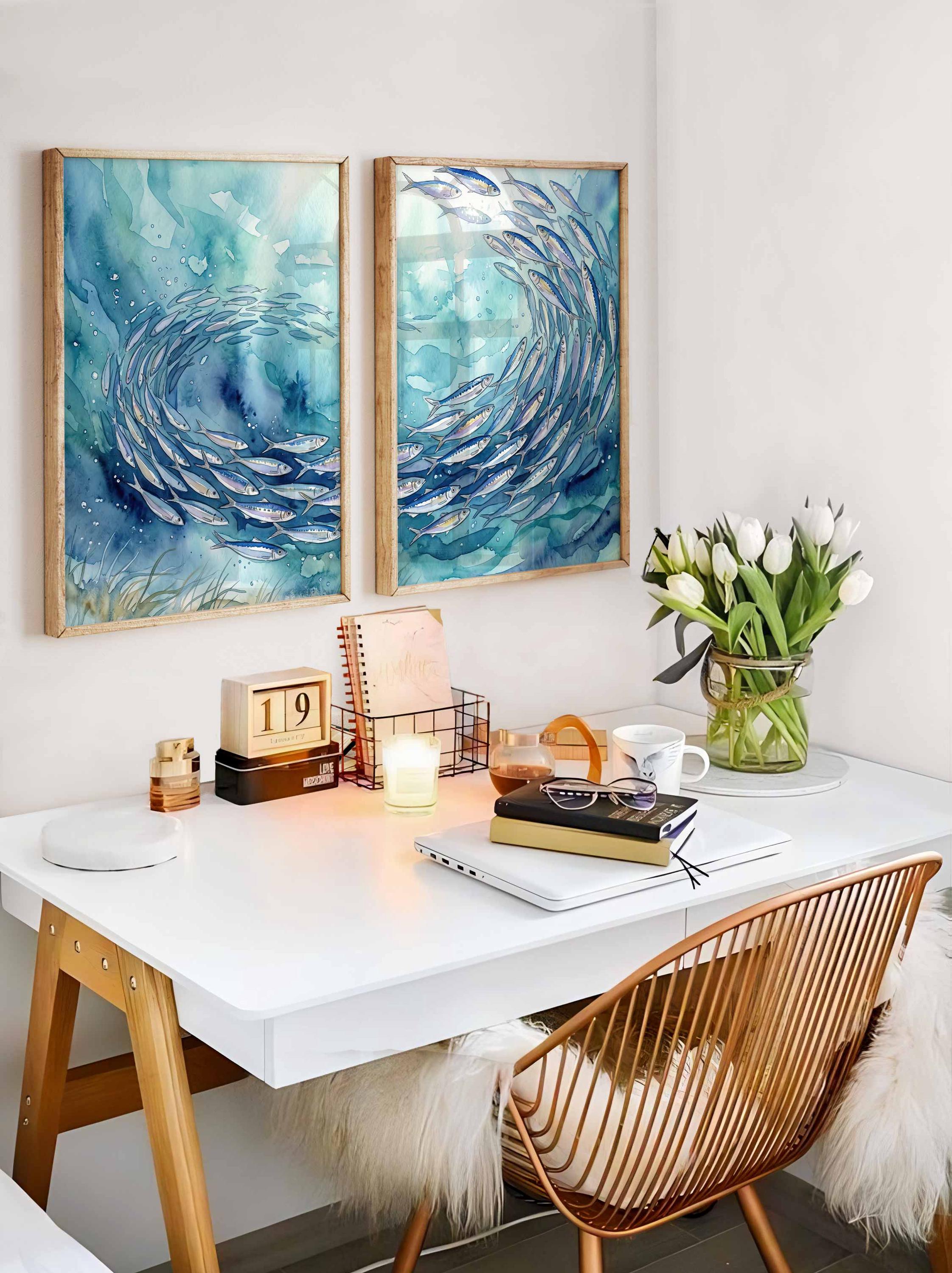 Sardines painting Wall art, Beach House Decor, Mediterranean prints, Fish Art Print, Dining Room Art, Blue Bathroom, Seafood Poster Secondary image