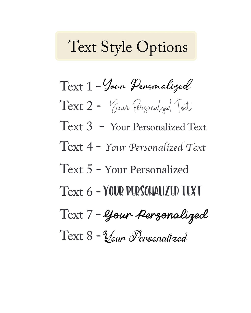 Text style options chart showing eight fonts for the custom song lyric print, from script to bold caps