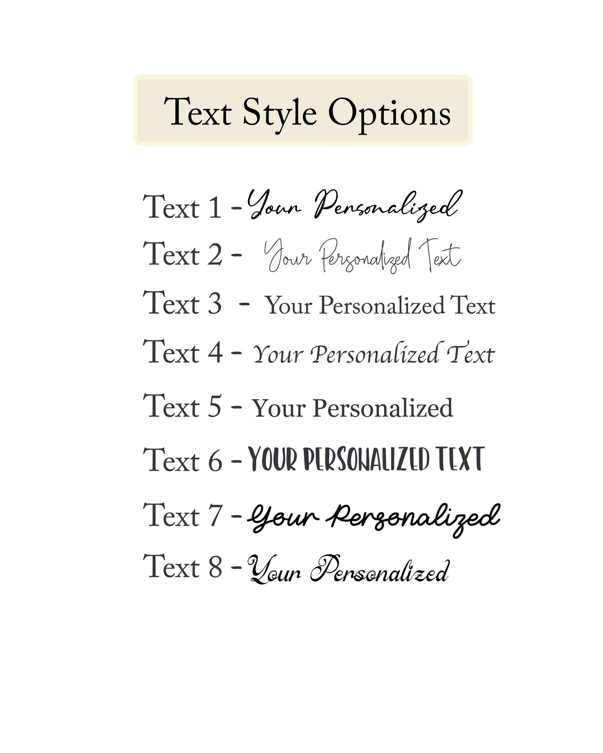 Text style options chart showing eight fonts for the custom song lyric print, from script to bold caps
