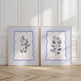 Blue Botanical Leaf Prints, Bedroom wall decor, Stripes Frame Art, Set of 2 prints, Watercolour eucalyptus leaves artwork, Botanical art set