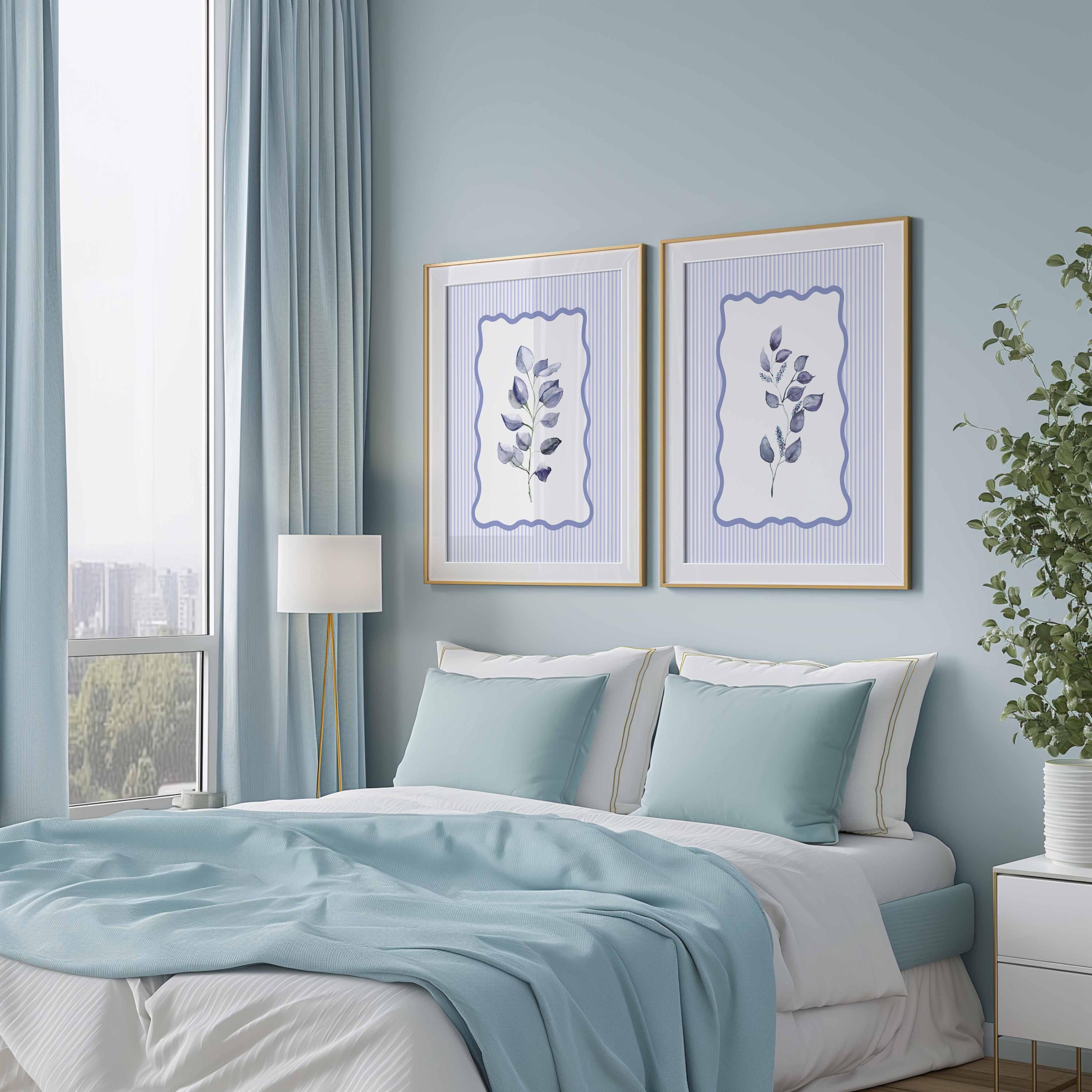 Blue Botanical Leaf Prints, Bedroom wall decor, Stripes Frame Art, Set of 2 prints, Watercolour eucalyptus leaves artwork, Botanical art set Main image