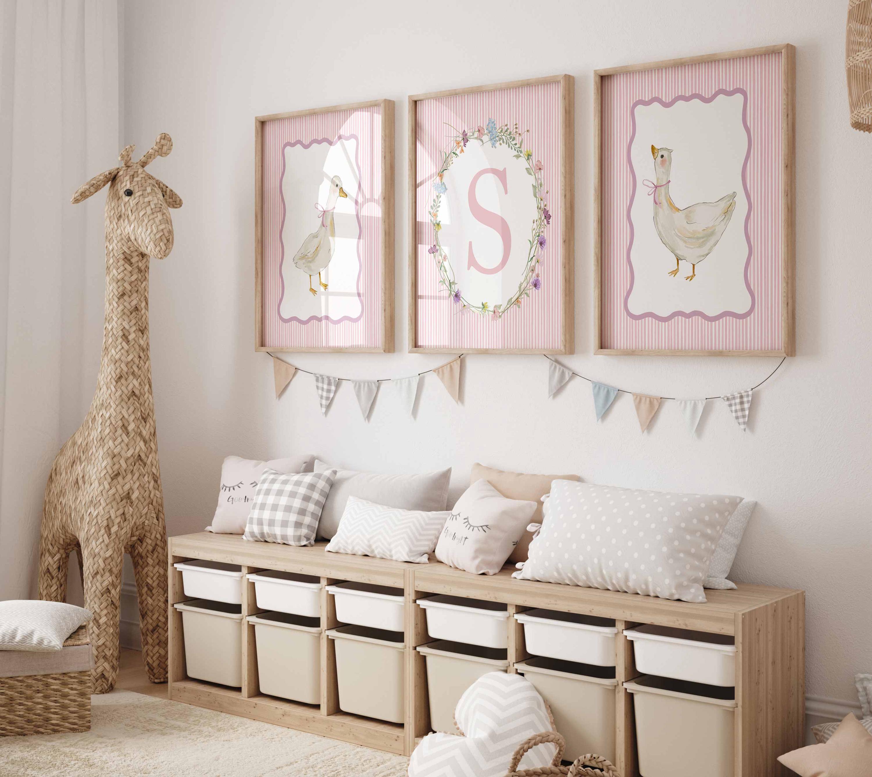 Goose wall art nursery, Baby Girl Initial Name Print, Custom Newborn room decor, Vintage Grand Millennial Stripes Pink set of 3 Secondary image