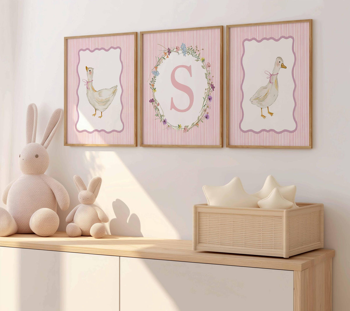 Goose wall art nursery, Baby Girl Initial Name Print, Custom Newborn room decor, Vintage Grand Millennial Stripes Pink set of 3 Main image