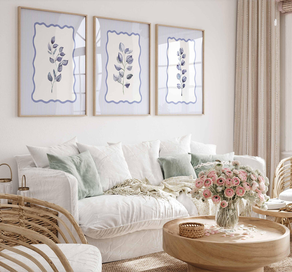 Blue Wall Art, Navy leaf Art Prints, Living Room Decor, Stripes Botanical Eucalyptus, Nancy Meyers Aesthetic, Coastal Bathroom Poster