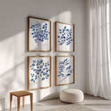 Navy Botanical Wall Art, Leaf Prints set of 4, Eucalyptus Print, Watercolour Bathroom Posters, leaf artwork, blue wall decor, vacation home