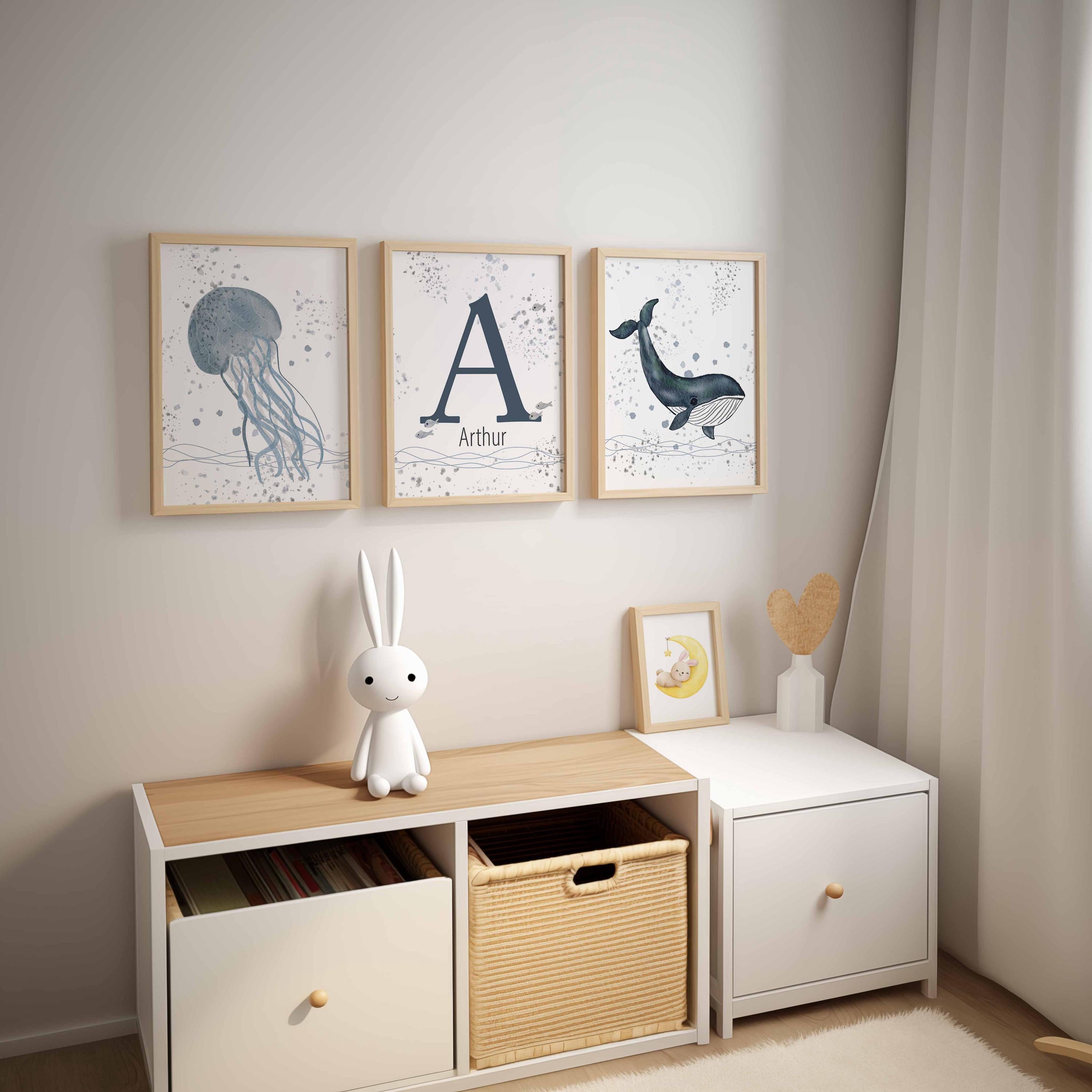 Nursery Boy Name, Ocean Theme Nursery, Sea illustrated name, Baby Name Sign, Boy room decor, Personalized Name Print art, Dolphin, Jellyfish