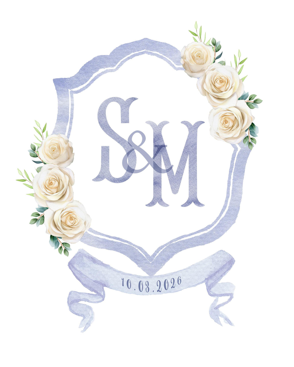 Periwinkle blue wedding monogram crest with white roses and a date ribbon, hand-painted in watercolour