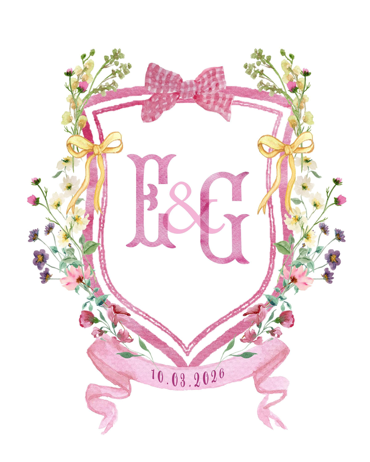 Pink wedding crest with E & G monogram, gingham bow, yellow ribbons and wildflowers