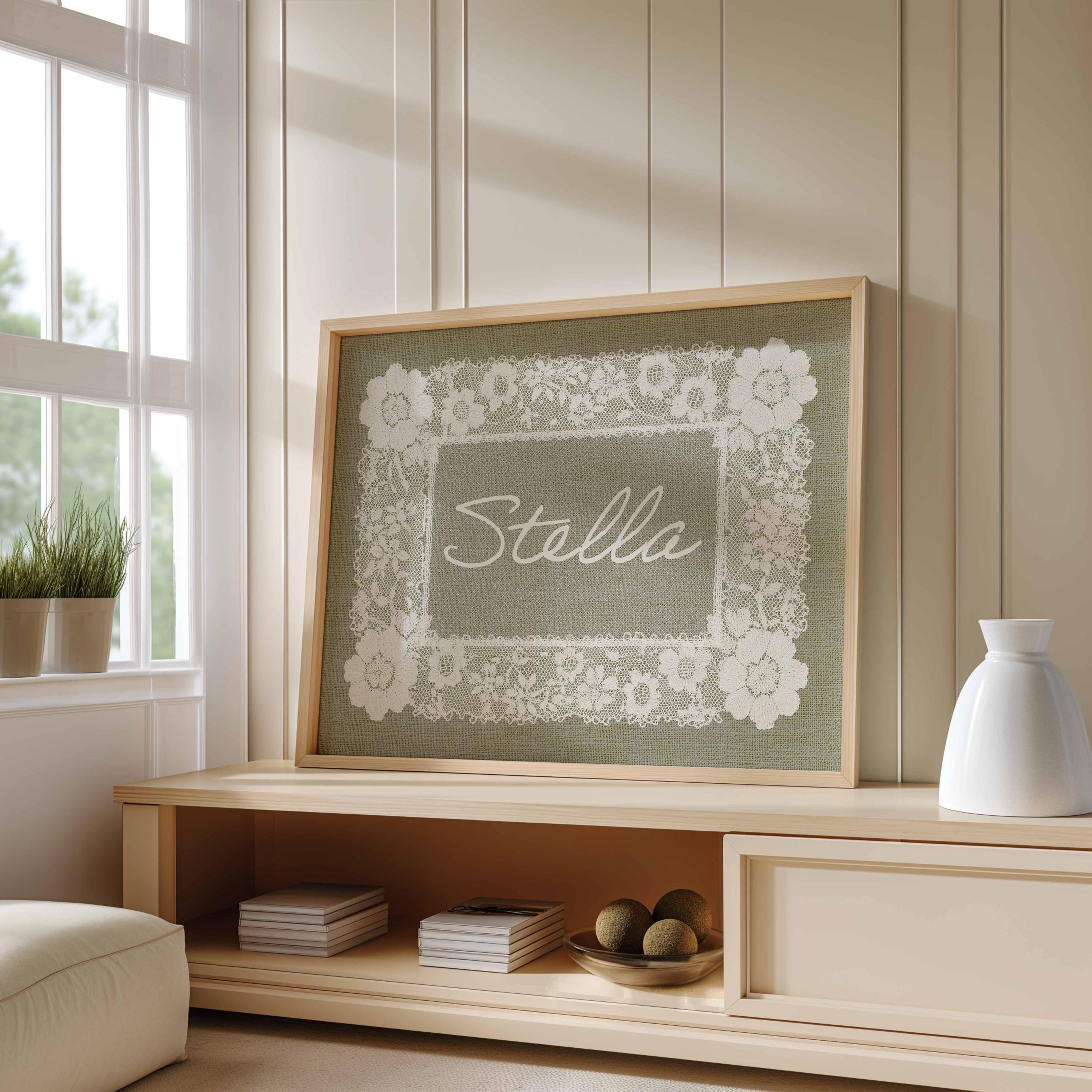 Custom Nursery Decor, Personalized Doily Pattern, Sage Green Lace Nursery Name, Vintage baby Name Sign, Cottagecore wall art digital Prints Image secondaire du produit