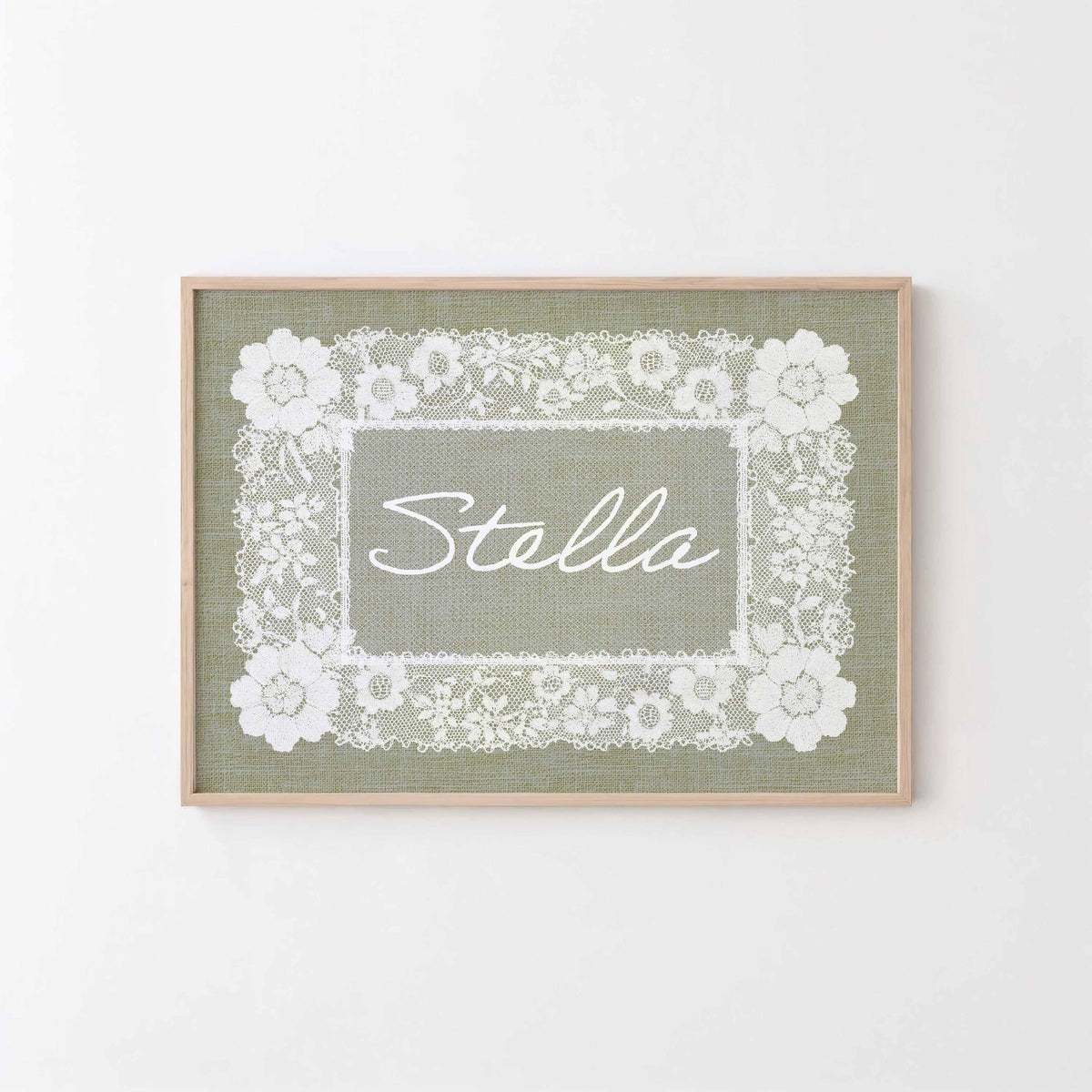 Custom Nursery Decor, Personalized Doily Pattern, Sage Green Lace Nursery Name, Vintage baby Name Sign, Cottagecore wall art digital Prints Main image