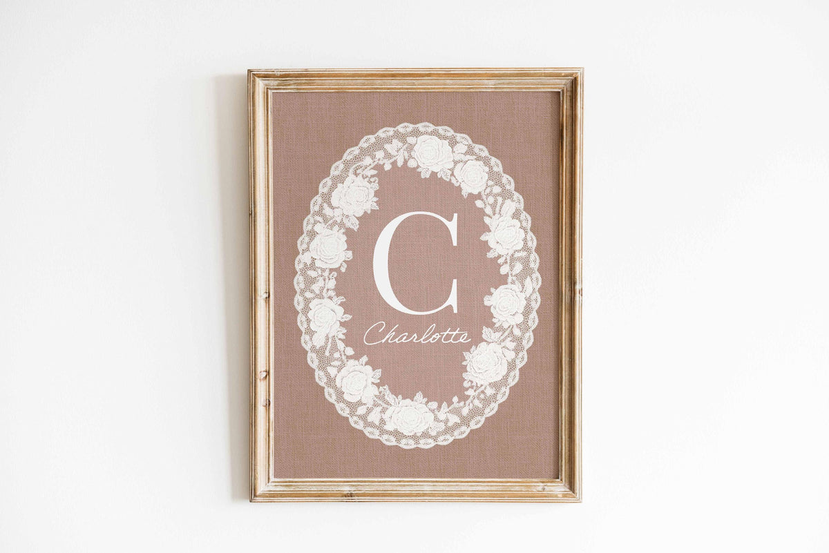 Pink Lace Nursery Decor, Personalized Baby Name Sign, Custom Doily Wall Art, Cottagecore Nursery Print, Vintage Girl Room Decor Main image