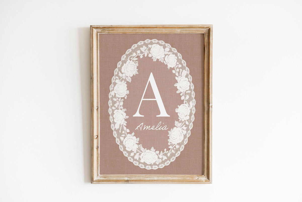 Vintage Baby Name Sign, Personalized Pink Lace Nursery Decor, Custom Doily Pattern Print, Whimsical Girl Nursery Wall Art Main image