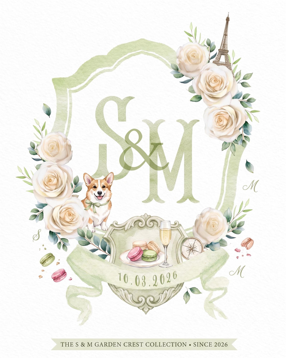 Love Story crest in sage green with a corgi, Eiffel Tower, ivory roses and champagne around the S & M monogram