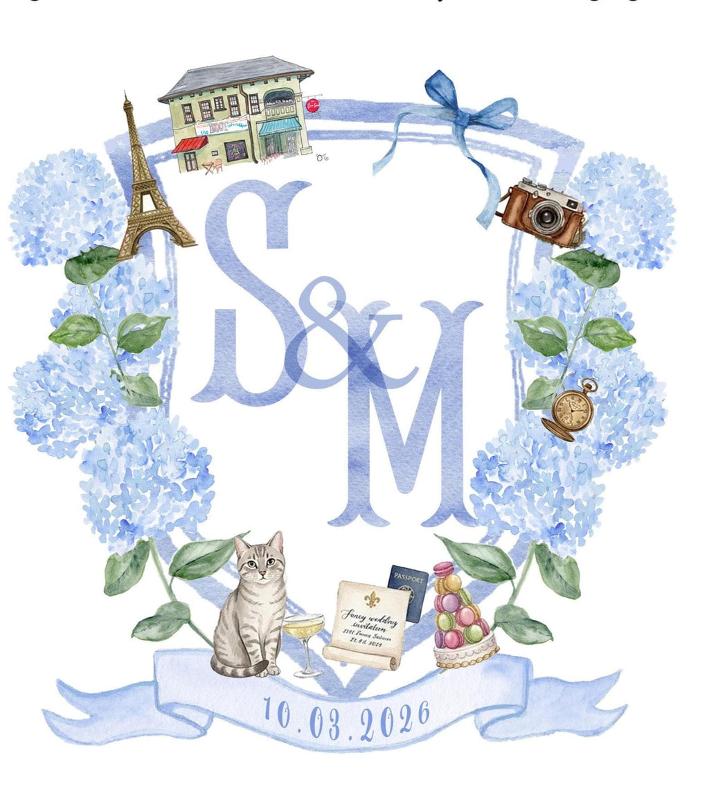 Love Story wedding crest with blue hydrangeas, Eiffel Tower, a tabby cat, camera and macarons around S & M