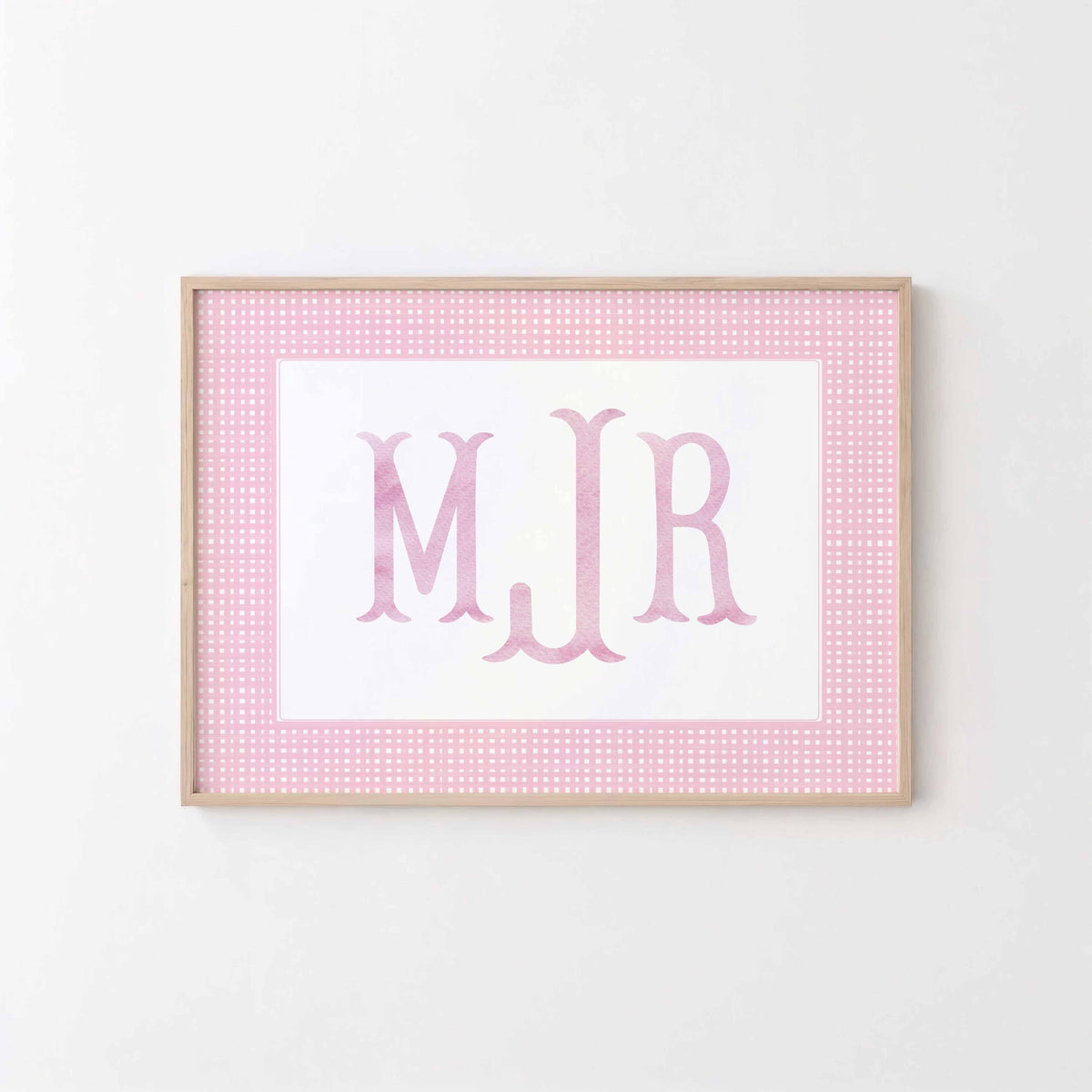 Baby Girl Monogram Digital, Gingham Name Sign, Pink Nursery Girl Print, Custom Printable Baby Room, Above Crib Decor Main image