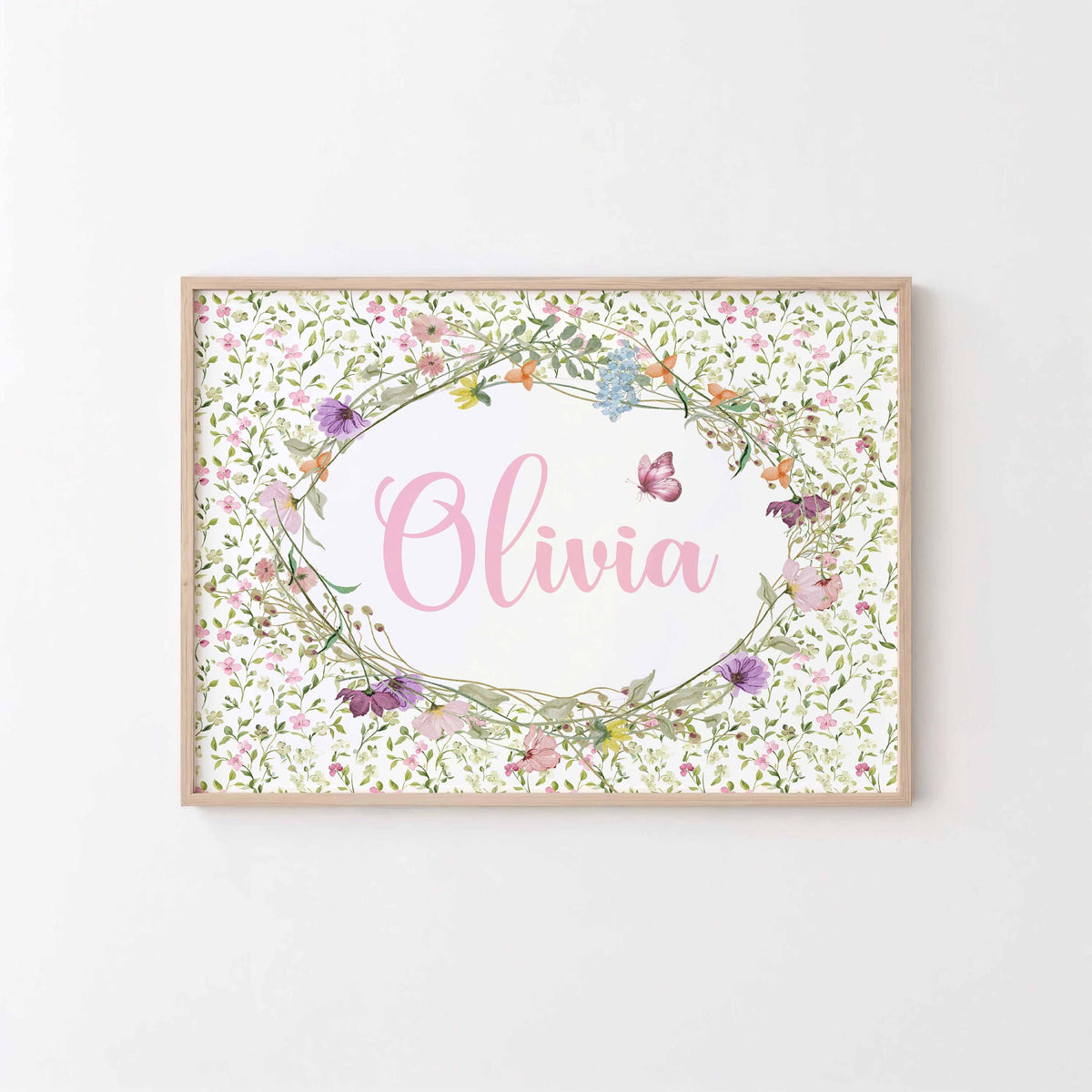 Wildflowers Baby Girl Name Sign, Pink Green Nursery Prints, Custom Girl Nursery Decor, Personalized Floral Kids Room, Cottagecore Wall Art Main image