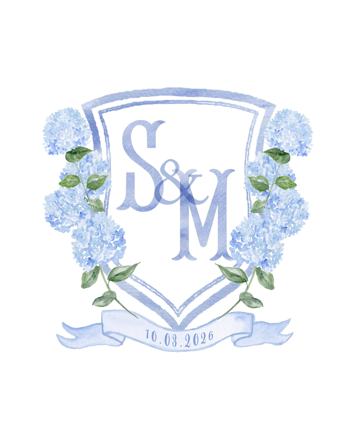 Custom wedding crest in blue watercolour: S & M monogram framed by blue hydrangeas with the wedding date