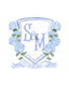 Custom wedding crest in blue watercolour: S & M monogram framed by blue hydrangeas with the wedding date