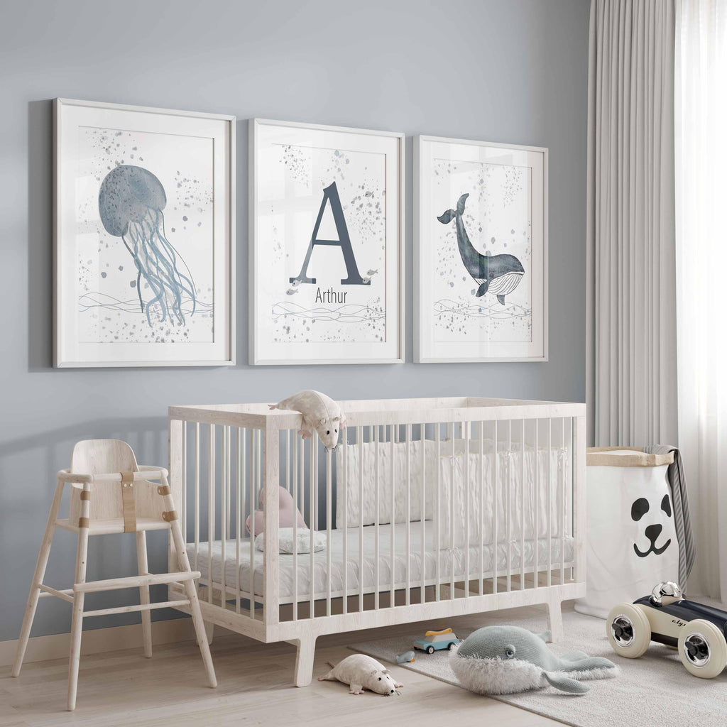 Nursery Boy Name, Ocean Theme Nursery, Sea illustrated name, Baby Name Sign, Boy room decor, Personalized Name Print art, Dolphin, Jellyfish