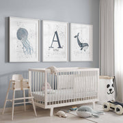 Nursery Boy Name, Ocean Theme Nursery, Sea illustrated name, Baby Name Sign, Boy room decor, Personalized Name Print art, Dolphin, Jellyfish