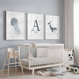Nursery Boy Name, Ocean Theme Nursery, Sea illustrated name, Baby Name Sign, Boy room decor, Personalized Name Print art, Dolphin, Jellyfish
