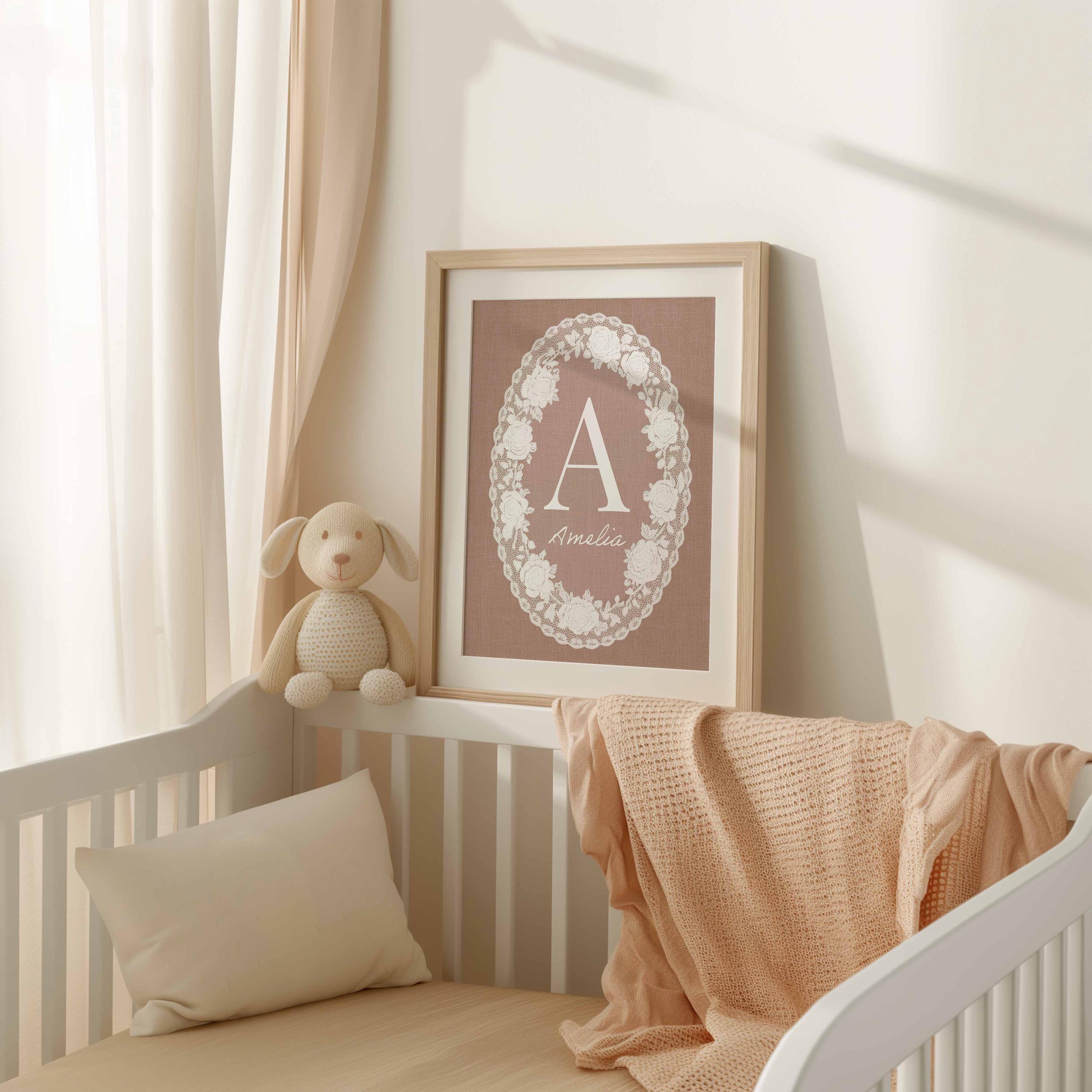 Pink Lace Nursery Decor, Personalized Baby Name Sign, Custom Doily Wall Art, Cottagecore Nursery Print, Vintage Girl Room Decor Image secondaire du produit